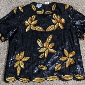 Stunning Vintage 1980’s Stenay Black/Gold Sequin Floral Short Sleeve Top, Sz M!